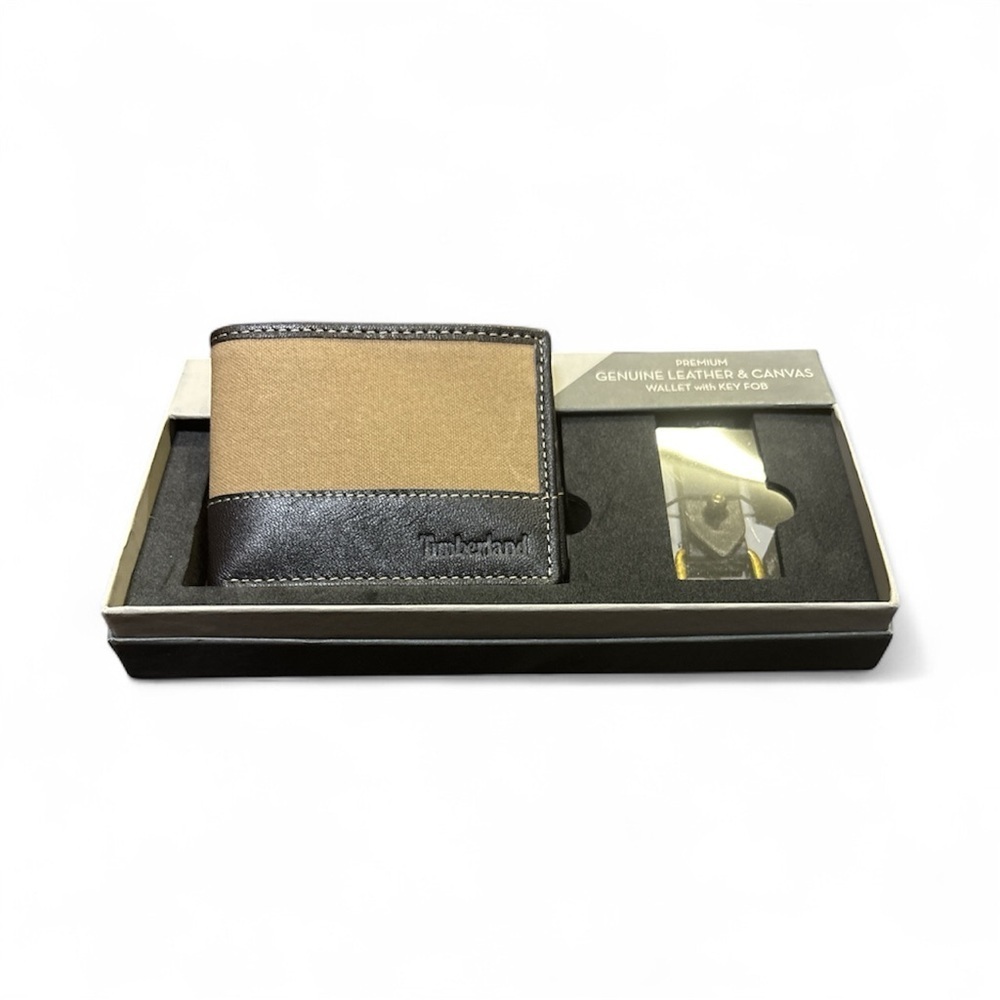 Timberland Men's Black and Tan Canvas and Leather Wallet With Key Fob